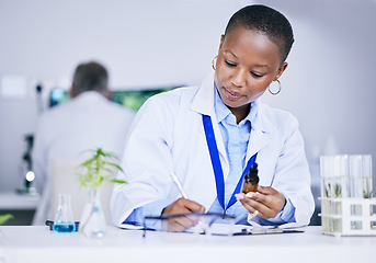Image showing Plants, dermatology and scientist woman with research notes, writing and natural skincare in laboratory. Cosmetics, bottle and medical doctor or african person in science for eco and vegan safety