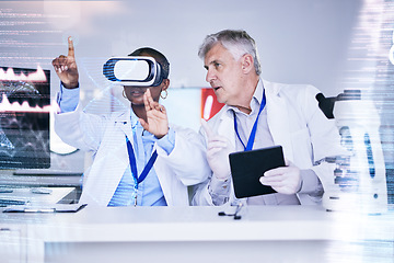 Image showing Future, data and scientist team with virtual reality, overlay and digital abstract with tablet, medical research and technology. Science info, test results and VR experience, people in lab and DNA