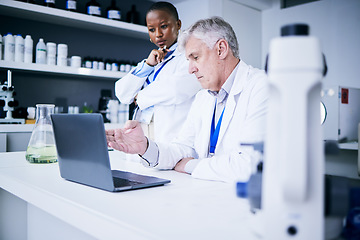 Image showing Medical, man and black woman with a laptop, research or teamwork with planning, conversation or data analysis. Male person, female researcher or scientist with a pc, analytics or results with network