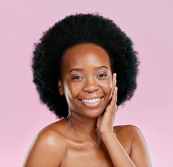 Image showing Portrait, beauty and black woman with dermatology, skincare and cosmetics against a pink studio background. Face detox, female person or happy model with treatment, happiness and wellness with makeup