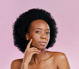 Image showing Portrait, beauty and black woman with dermatology, cosmetics and wellness against a pink studio background. Face, female person or model with treatment, luxury and makeup with self care and aesthetic