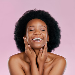 Image showing Funny, beauty and black woman with skincare, dermatology and makeup against a pink studio background. Female person, model and girl with happiness, cosmetics and humor with grooming, luxury and smile