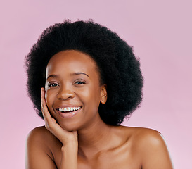 Image showing Happy, skincare and portrait of black woman with a beauty glow, spa smile or wellness. Dermatology, moisture and African girl or model with an afro and cosmetic health isolated on a studio background