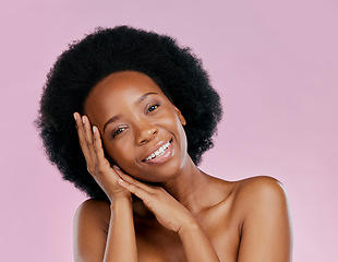 Image showing Face, skincare and happy black woman touch in studio isolated on a pink background. Portrait, natural cosmetics and smile of African model with spa facial treatment for wellness, aesthetic and beauty