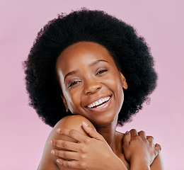 Image showing Face, skincare and excited black woman with beauty in studio isolated on a pink background. Portrait, natural cosmetics and African model with spa facial treatment for wellness, aesthetic and health.