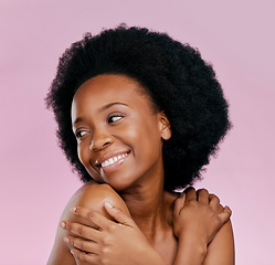 Image showing Afro, happy or black girl with smile thinking of dermatology, salon cosmetics or skincare in studio. Smile, vision or face of African model with beauty or self love isolated on a pink background