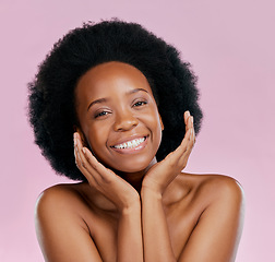 Image showing Black woman, face and natural beauty, happy with afro hair and skin glow from cosmetics on pink background. African female model, texture and portrait, facial and skincare with dermatology in studio