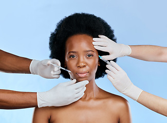 Image showing Black woman, facial injection and beauty in portrait, cosmetic procedure, lip filler and dermatology on blue background. Liquid collagen, face and skincare with female model and treatment in studio