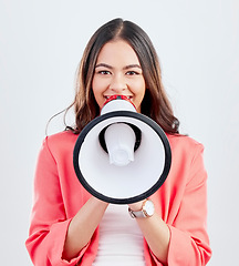 Image showing Portrait, megaphone or happy woman with announcement, speech or review on white background. Smile, attention or voice of girl with news or broadcast of opinion or talking on microphone or speaker