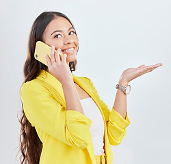 Image showing Phone call, business and happy woman palm gesture for sales product space, promotion or corporate announcement. Cellphone communication, presentation and professional person smile on white background