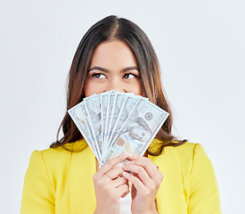 Image showing Money, hidden face or professional woman with cash dollar bills, competition award or giveaway. Studio winner, financial economy or female trader with 401k income, profit or rich on white background