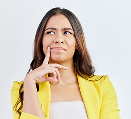 Image showing Thinking, business problem or woman face confused for solution, strategy planning or studio development ideas. Doubt, why or corporate person think of decision, question or choice on white background