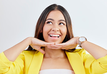 Image showing Hands, under chin and woman with happy face in studio isolated on a white background. Excited, skincare and person pose for beauty, fashion or facial treatment for healthy skin, wellness or aesthetic