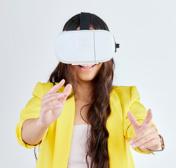 Image showing Virtual reality, metaverse and happy woman with technology in studio isolated on a white background. Vr, futuristic and person with digital 3d glasses for fantasy experience, cyber gaming or internet