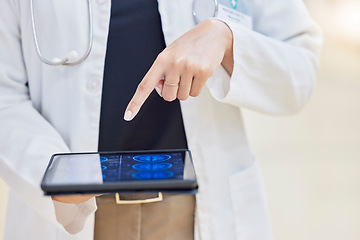 Image showing Doctor, hands and tablet for neurology research in hospital, healthcare and telehealth for xray. Technology, medical professional and person with brain mri on app for wellness, radiology and results.