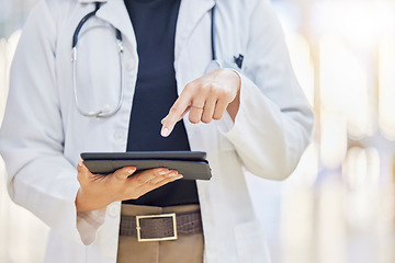 Image showing Hands, doctor and digital tablet for research in hospital, telehealth and healthcare in clinic. Technology, medical professional and person on app for wellness, typing email and internet website.