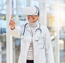 Image showing VR, glasses and doctor or woman on medical software, metaverse and 3d hospital, futuristic or digital ux experience. Hand, press and healthcare worker or happy person, virtual reality or cyber vision