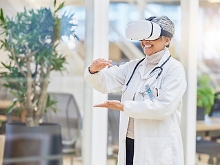 Image showing VR, hands and doctor or woman on healthcare software, metaverse and 3d hospital, futuristic or digital ux experience. AR, presentation and medical worker or person, virtual reality glasses or vision