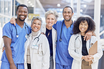 Image showing Happy portrait, group and doctors for healthcare service, leadership and teamwork in hospital diversity. Professional medical woman, mentor and internship nurses in clinic management, hug and support