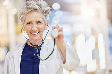 Image showing Portrait, healthcare and stethoscope with an old woman doctor in the hospital for cardiology or treatment. Medical, heart health and wellness with a senior female medicine professional in a clinic