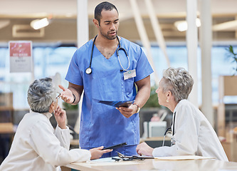 Image showing Meeting, solution and team of doctors, nurses and people for healthcare management, results and report analysis. Questions, why and medical worker, women and staff talking, planning and clinic ideas