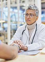 Image showing Senior doctor with patient, holding hands and support, woman with bad news and diagnosis, cancer and health crisis. Female physician, medical problem and consultation with help and healthcare