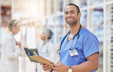 Image showing Portrait, clipboard and doctor for healthcare service, leadership and schedule management in hospital lobby. Professional medical worker, person or nurse with clinic checklist, document or compliance