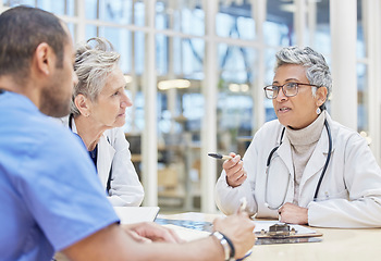 Image showing Meeting, management and doctors or people talking, planning and hospital, healthcare or clinic documents. Schedule, questions and nurse, mentor or woman with insurance documents or medical charts