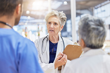 Image showing Clipboard, serious doctor and team crisis, medical advice and support for schedule fail or hospital news. Questions, risk management and mentor, healthcare nurses or woman, checklist and compliance