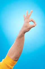 Image showing Hand, ok sign and studio closeup for agreement, vote and choice with emoji by blue background. Finger icon, communication and promotion with symbol, review and decision with opinion by backdrop