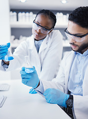 Image showing Man, black woman or scientists with liquid research for a test analysis, experiment or medical innovation. Glass beaker, studying biotechnology or researchers in laboratory for science development