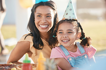 Image showing Party, outdoor and mother with girl, birthday and celebration with happiness, event and cheerful. Mama, daughter or female child with a happy parent, food and excited with hats, park or joy with love