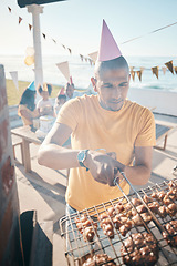 Image showing Family barbecue, meat and man at a party, cooking food and picnic on a holiday. Summer, hungry and a father with bbq on the grill for woman and children on vacation for a birthday celebration