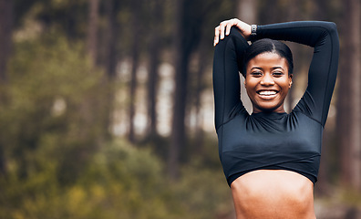 Image showing Stretching, fitness and portrait of black woman in nature for exercise, training and sports in forest. Mockup, mountain and happy female person stretch arms for warm up, cardio workout and wellness