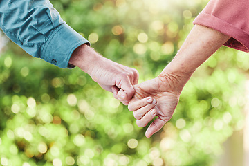 Image showing Senior couple, garden and holding hands with support and love in outdoor with commitment. Together, hand and elder person for retirement in close up with friends walking in nature for bonding.