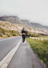 Image showing Fitness, running and speed with black woman on mountain for health, workout and challenge. Performance, sports and exercise with female runner training in nature for cardio, marathon and wellness