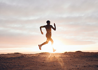 Image showing Sunset, running and silhouette with woman in nature for health, workout and fitness challenge. Performance, sports and exercise with runner training in outdoor for speed, marathon and wellness mockup