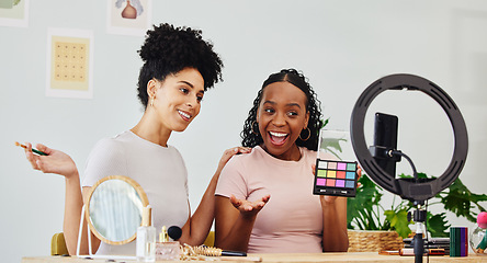 Image showing Vlogging, friends and women doing a makeup tutorial together with technology for social media, Happy, fun and young interracial female people filming a cosmetic, beauty or face routine on a phone,