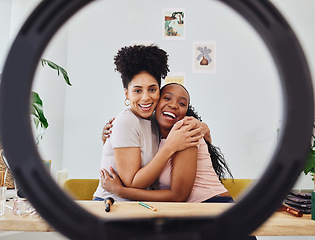 Image showing Women, friends and portrait with ring light for social media, makeup tutorial and smile. Young people, women and hug with internet app and happy from influencer and cosmetics vlog at home in bedroom