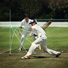 Image showing Boy, cricket or body injury on sports field with glowing, red and ai generated effect from batting action. Kid, child or batting athlete with stress, graph hologram or muscle pain from wicket mistake