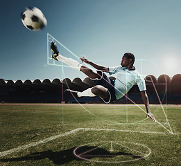 Image showing Jumping man, soccer and graph on sports field with glowing, hologram and ai generated effect for kicking action. African athlete, kick and football player with ball, chart and graphic analysis