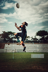 Image showing Black man, rugby and knee injury on sports field with glowing, red and ai generated effect from jumping action. African athlete, stress and muscle pain from jump mistake, pain and anatomy problem