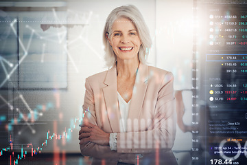 Image showing Arms crossed, work and portrait of woman with double exposure for business, finance or investment. Smile, manager and mature female ceo for professional wealth, data or stock market trading in office