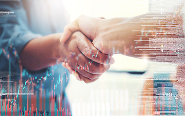 Image showing Business, handshake and collaboration on statistics double exposure. Shaking hands, deal and people with agreement on overlay with graph data for b2b acquisition, partnership and stock market trading