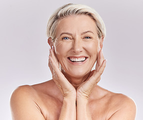 Image showing Face portrait, senior or happy woman with skincare, beauty or wellness in studio isolated on white background. Dermatology, smile or mature lady with clean facial self care, cosmetics or natural glow