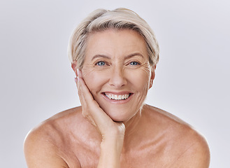 Image showing Face, beauty with happy woman and senior, skincare and wellness isolated on white background. Studio, smile and natural cosmetics, female model in portrait with skin glow and antiaging dermatology