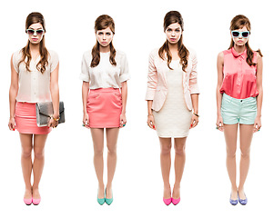 Image showing Composite, portrait and retro woman in fashion for 80s, vintage clothes and pastel color. Serious, model and a young person in clothing for the workplace isolated on a white background in a studio