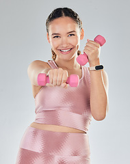 Image showing Fitness, portrait and woman with dumbbell isolated on studio white background for health, exercise and gym power. Bodybuilder, face and sports person happy for workout goals and lose weight training
