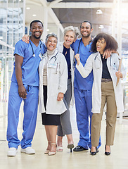 Image showing Winning, team portrait and doctors or nurses in healthcare service, leadership and teamwork with hospital diversity. Professional medical people, mentor and internship group, success and clinic goals