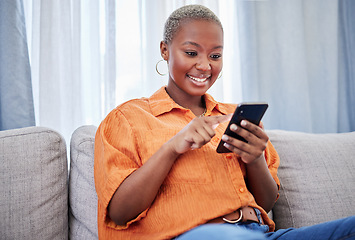 Image showing Home, phone or happy black woman on social media connected to internet with website notification. News, digital or African girl online typing or texting on networking mobile app to search content